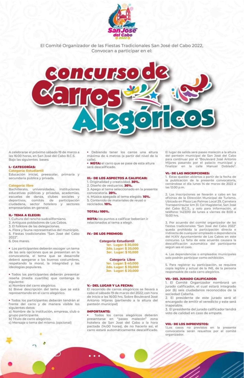 La tradición y colores del concurso de carros alegóricos, adornarán las fiestas tradicionales San José del Cabo 2022
