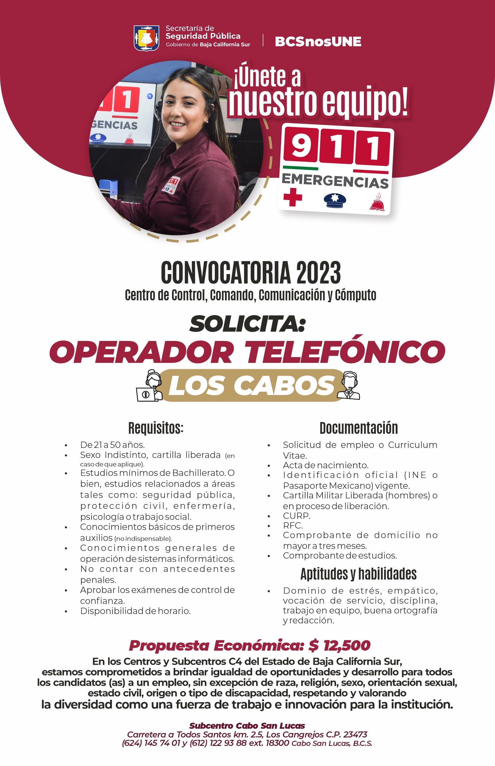 Convoca SSPE a cubrir vacantes en centro de emergencias de Los Cabos