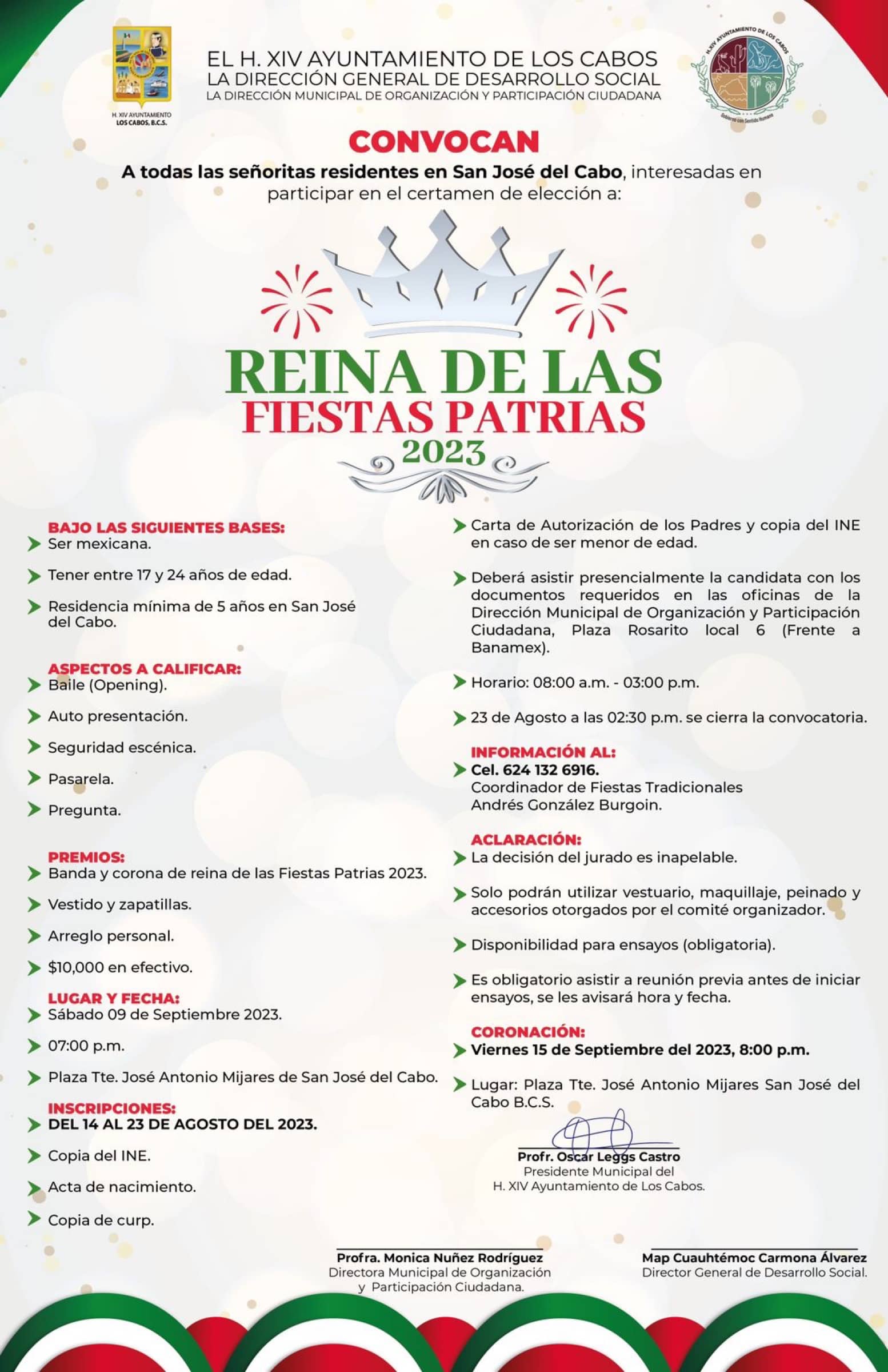 Gobierno de Los Cabos abre convocatoria para participar en certamen de elección de la Reina de las Fiestas Patrias 2023