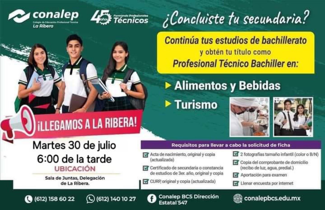 Invita Gobierno de Los Cabos a registrarse el 30 de julio al inicio de clases el próximo 2 de septiembre en el Conalep plantel La Ribera