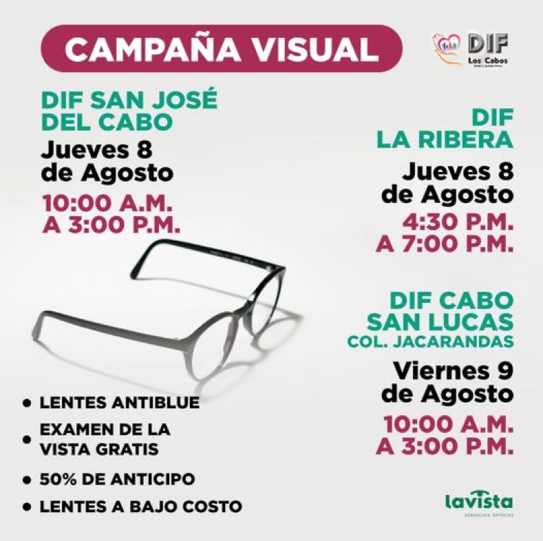 Anuncia SMIDF Los Cabos Jornada Visual para el próximo 08 y09 de agosto; en conjunto con la empresa La Vista Servicios Ópticos