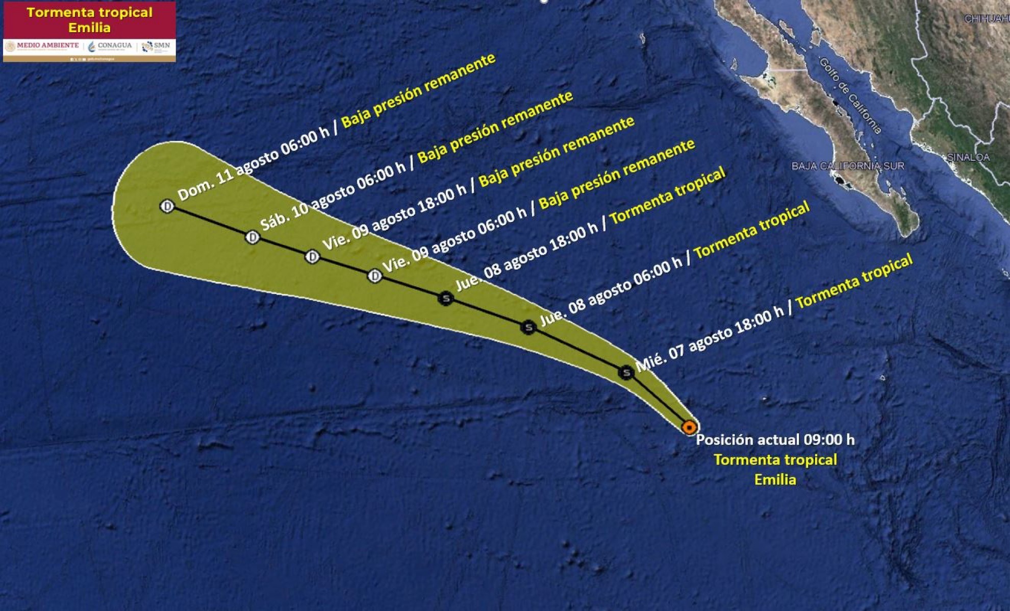 Prevén debilitamiento de la tormenta tropical “Fabio”; este miércoles se ubicaba a 945 kilómetros al sur-suroeste de CSL