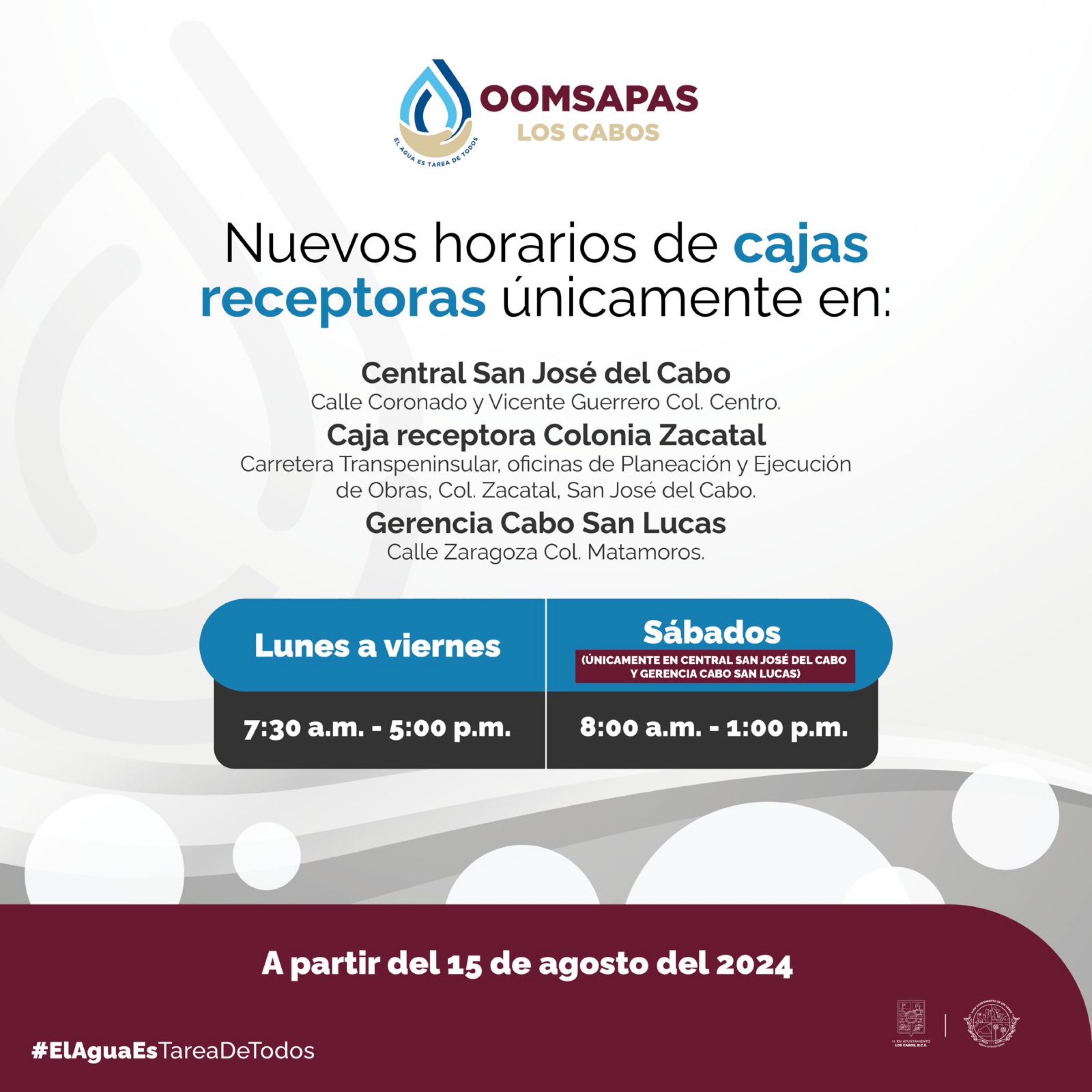 Extiende Oomsapas Los Cabos horarios de atención en cajas receptoras de San José del Cabo y Cabo San Lucas