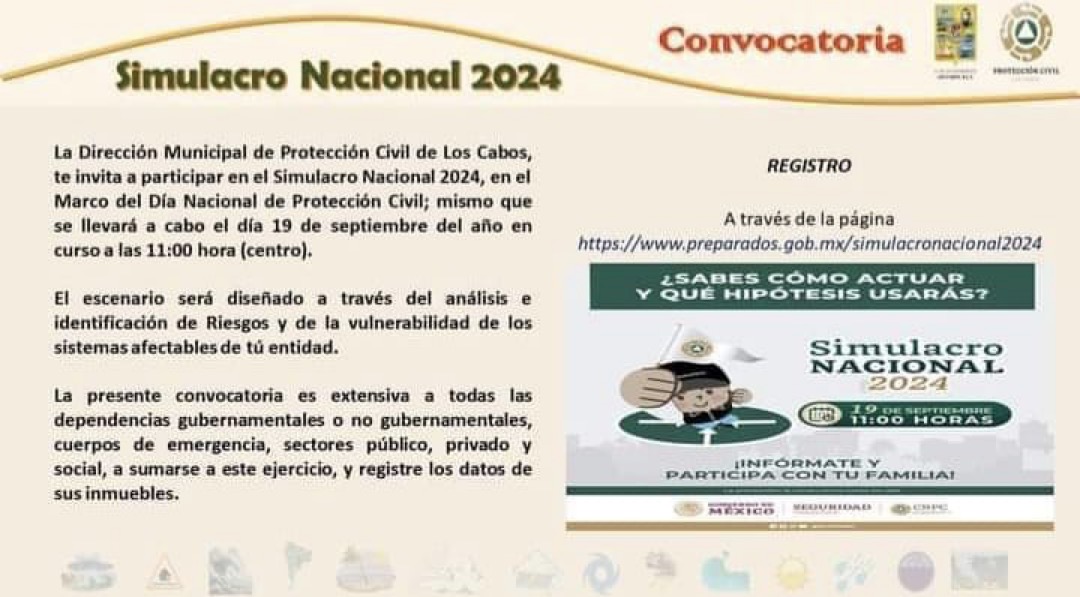 Convoca Gobierno de Los Cabos a ciudadanía a participar en el Simulacro Nacional Sismos 2024; este jueves 19 de septiembre a las 10:00 horas