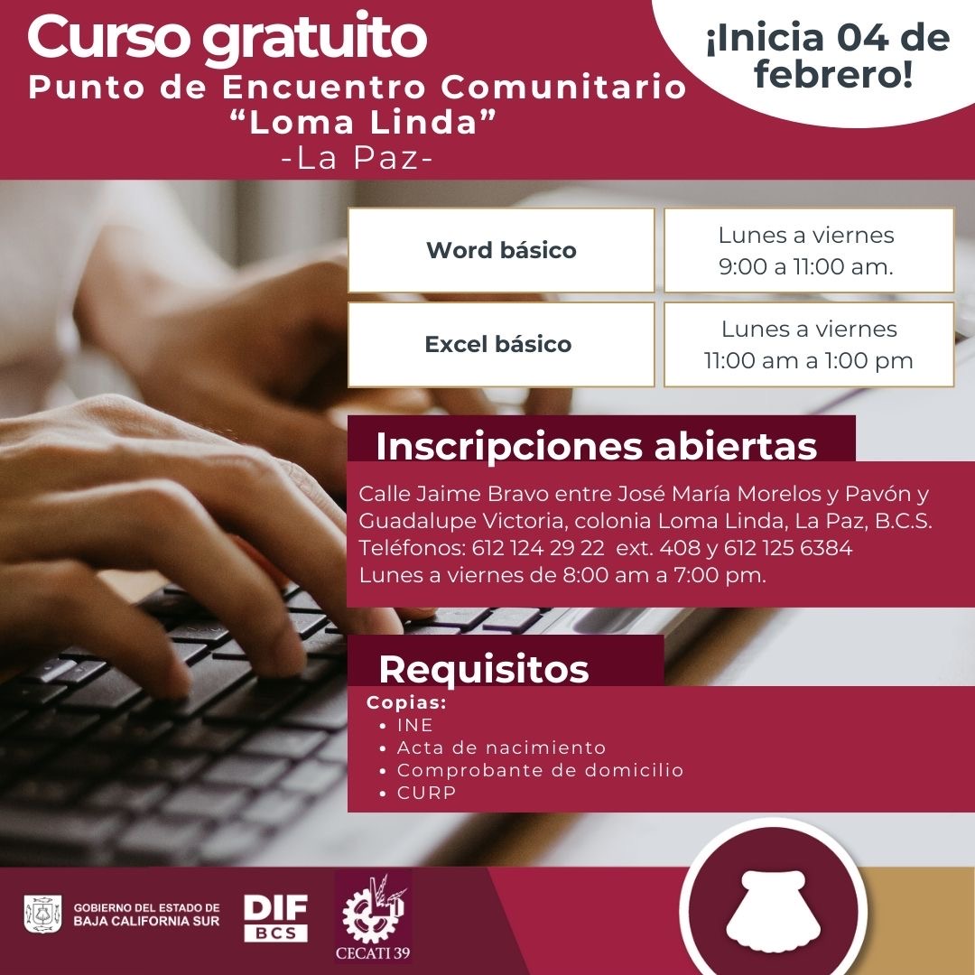 Invita SEDIF a inscribirse al curso de computación básica en el PEC Loma Linda