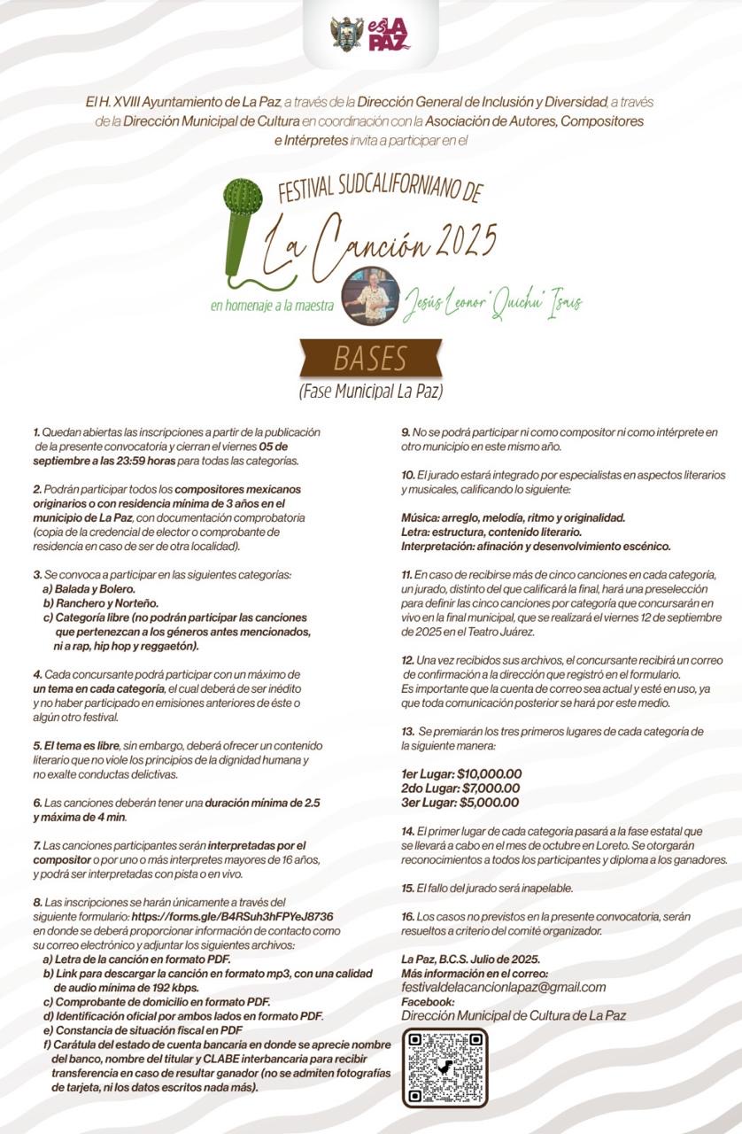 Abren convocatoria del Festival Sudcaliforniano de la Canción en su fase municipal La Paz