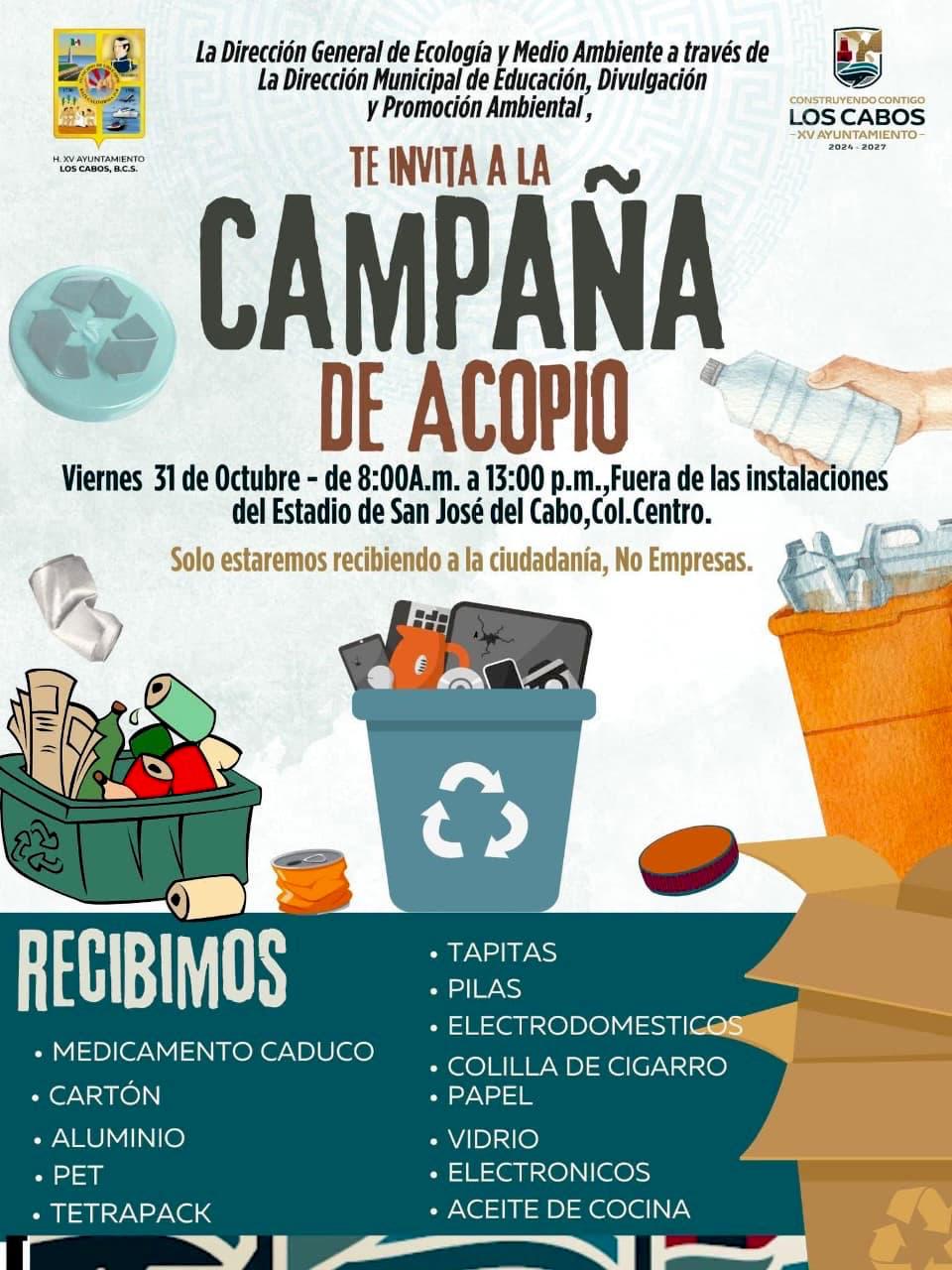 Invitan a sumarse a campaña de acopio de materiales reciclables este 31 de octubre en San José del Cabo