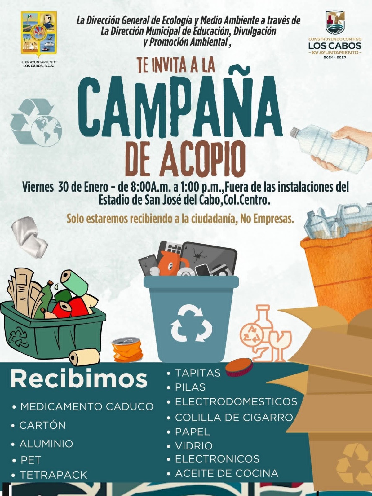 Invitan a participar en la primera campaña de acopio de materiales reciclables del 2026 en Los Cabos