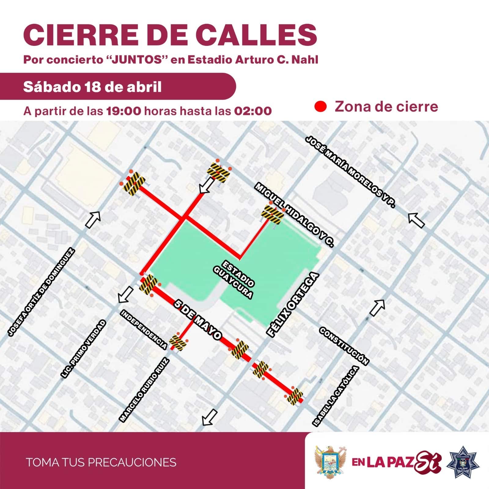 Anuncia Ayuntamiento de La Paz cierres vialesel sábado 18 de abril