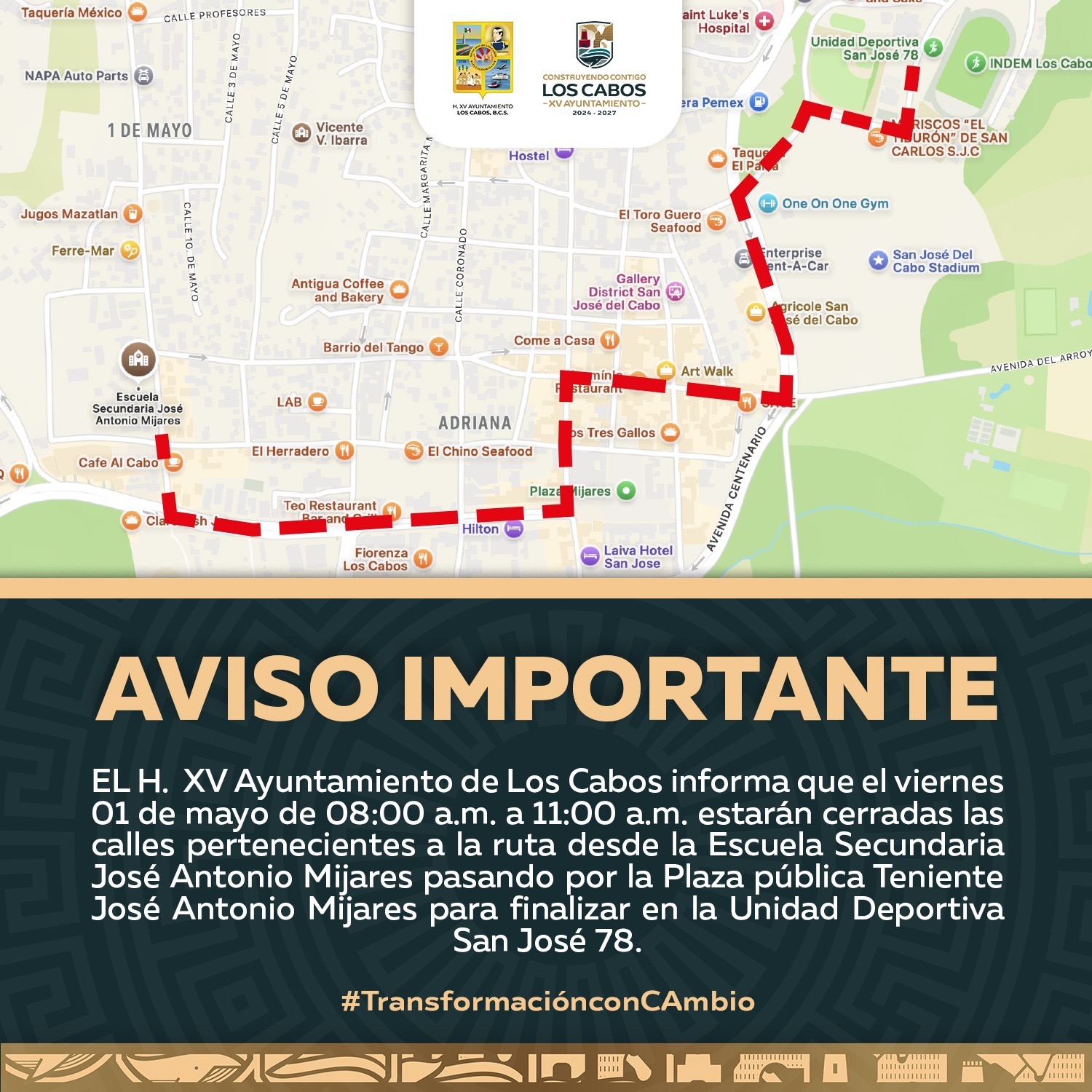 Anuncia Ayuntamiento de Los Cabos horarios y ruta del desfile por Día del Trabajo