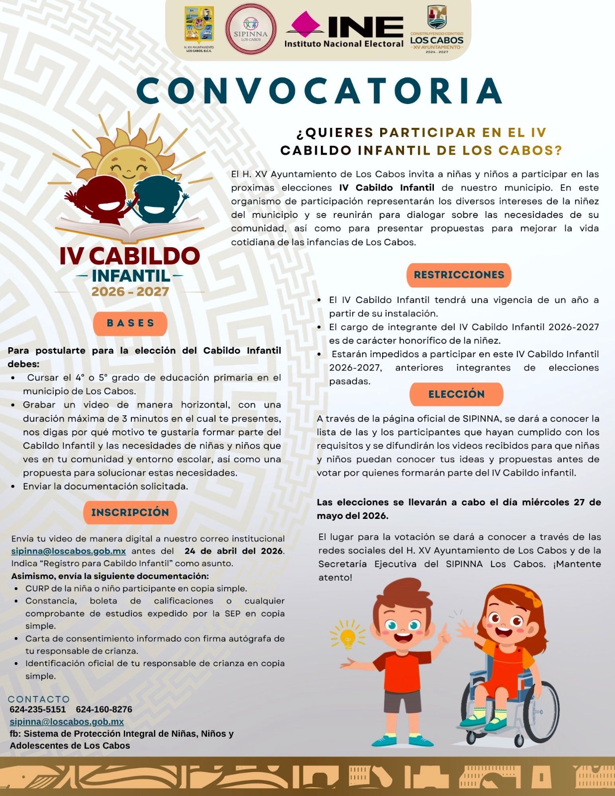 Amplían periodo de registro para el IV Cabildo Infantil de Los Cabos; cierra el 24 de abril