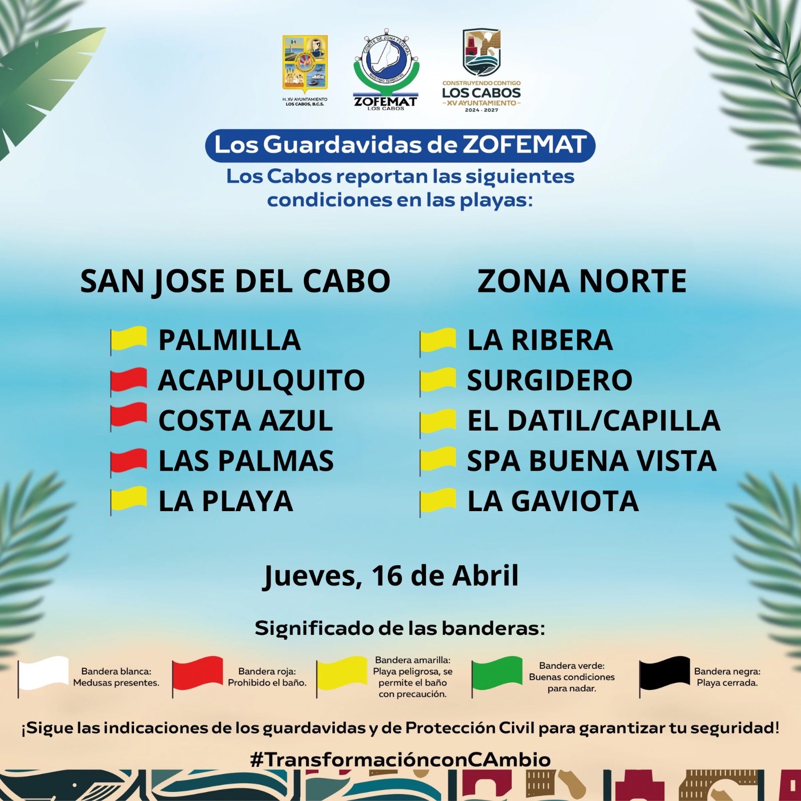 Implementan operativo de vigilancia y señalización de banderas en playas de Los Cabos