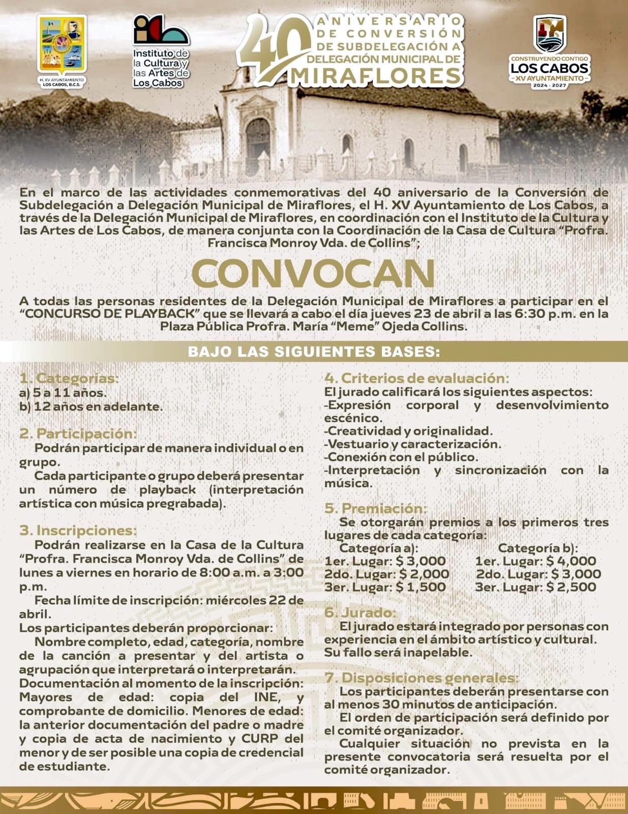 Invita Ayuntamiento de Los Cabos a celebrar el 40º aniversario de Miraflores como delegación municipal