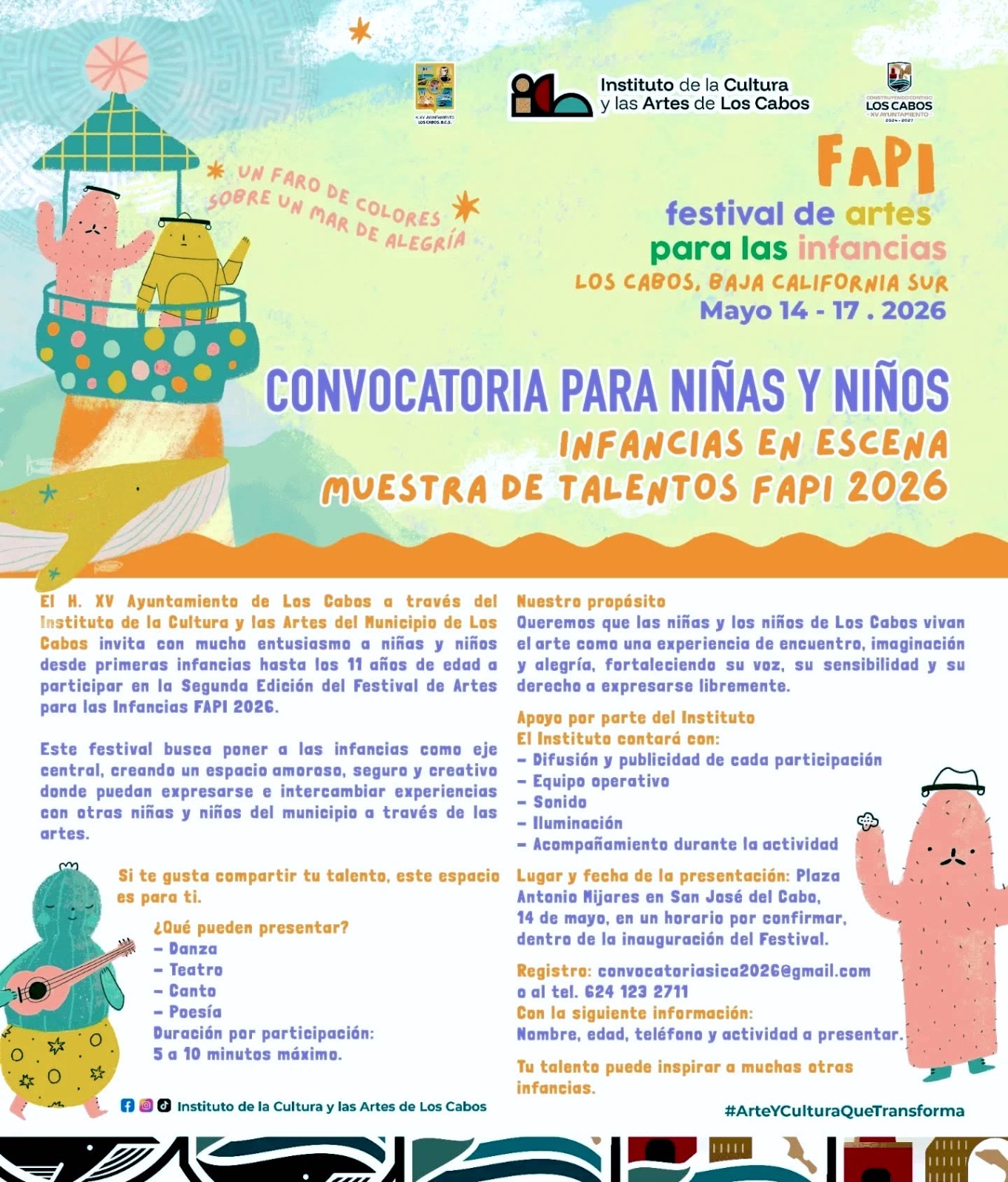 Instituto de Cultura convocan a lasinfancias de Los Cabos a formar parte del Festival de Artes FAPI 2026